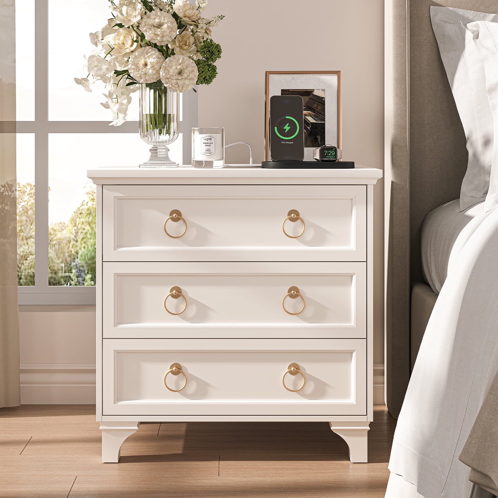 JOINICE Nightstand Set of 2 with 3 Drawers, Wood Bedside Table Night Stand with Charging Station, Sofa Side End Table for Bedroom, Living Room, White