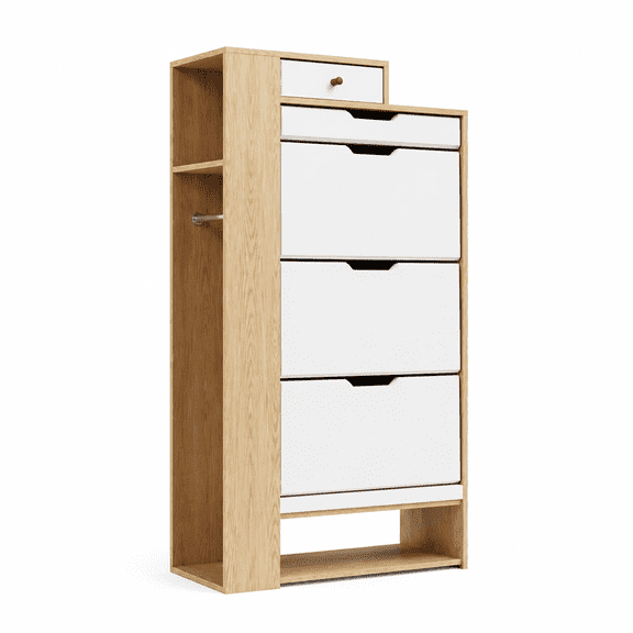 Facilehome Modern Shoe Cabinet for Entryway, White Flip Drawer Shoe Storage Cabinet with Drawers, Narrow Shoe Organizer with Side Storage & Umbrella Rack