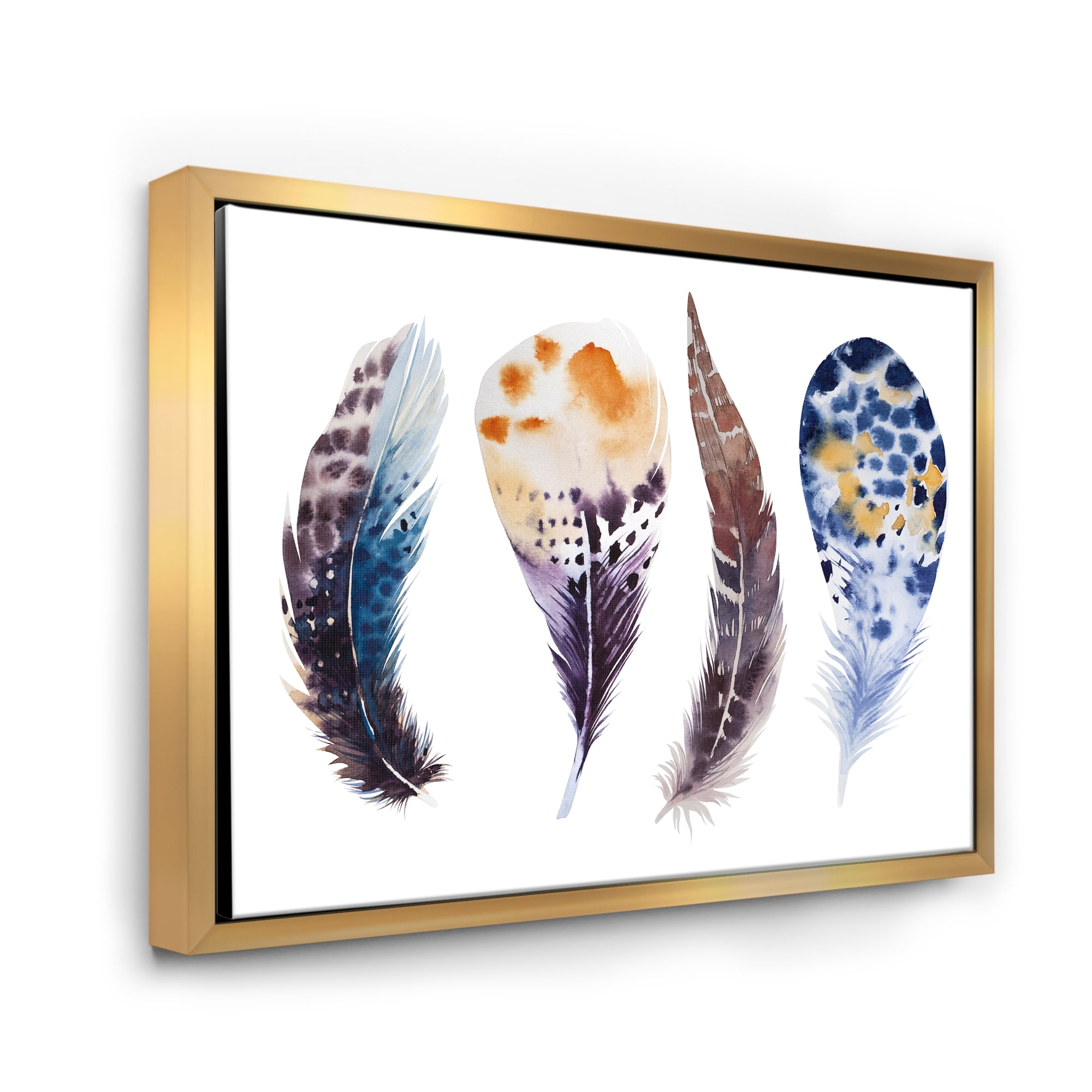 Colourful Boho Feather Set On White VIII 20 in x 12 in Framed Painting Canvas Art Print, by Designart