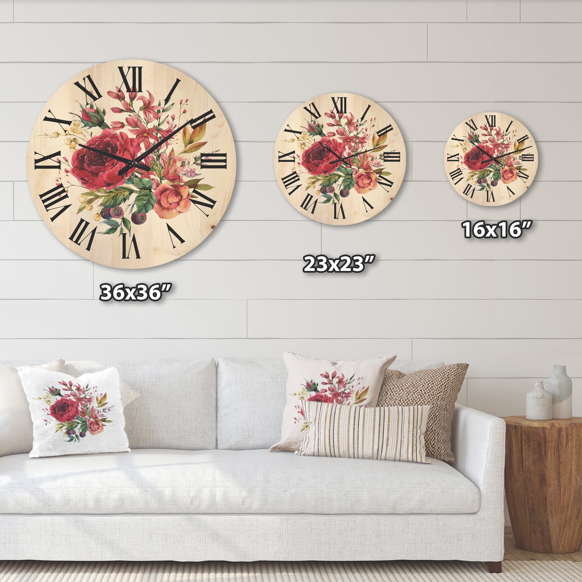 Designart 'Ancient Wildflowers and Burgundy Rose' Farmhouse Wood Wall Clock