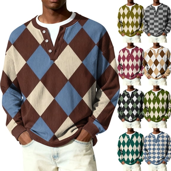 Havenx Henley Shirts for Men Long Sleeve Button Pullover Sweater Plaid Ribbed Knit Crewneck Pullover Shirt Color Block Fashion Relaxed Fit Fall Workout Thermal Clothes,Black S