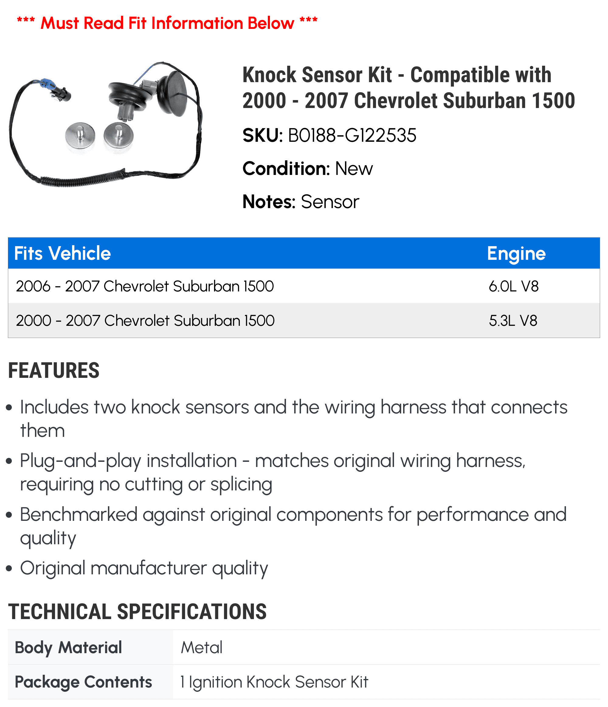 Knock Sensor Kit - Compatible with 2000 - 2007 Chevy Suburban 1500 2001 2002 2003 2004 2005 2006