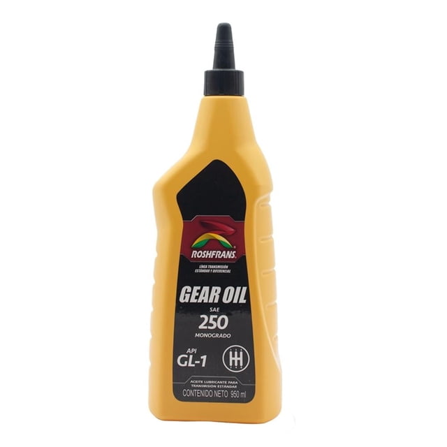 aceite roshfrans sae 250 de 950 ml botella frontal para transmisión, envase plástico amarillo con etiqueta negra y boquilla alargada, muestra logo Roshfrans, texto 'GEAR OIL SAE 250 GL-1' y contenido 950 ml; fondo blanco, vista centrada.