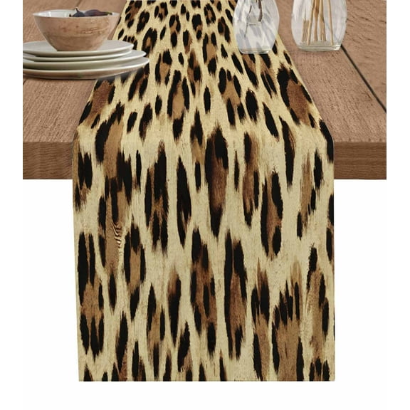 Leopard Table Runner 48 Inches, Farmhouse Brown Animals Art Modern Bed Runner Dresser Scarves Tabletop for Indoor Outdoor Parties/Ceremony/Banquet, 13" x 48"