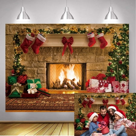Image of 7×5FT Christmas Backdrop Merry Christmas Theme Background for Photography Xmas Tree Fireplace Stockings Gifts Box Banner Christmas Decorations Indoor