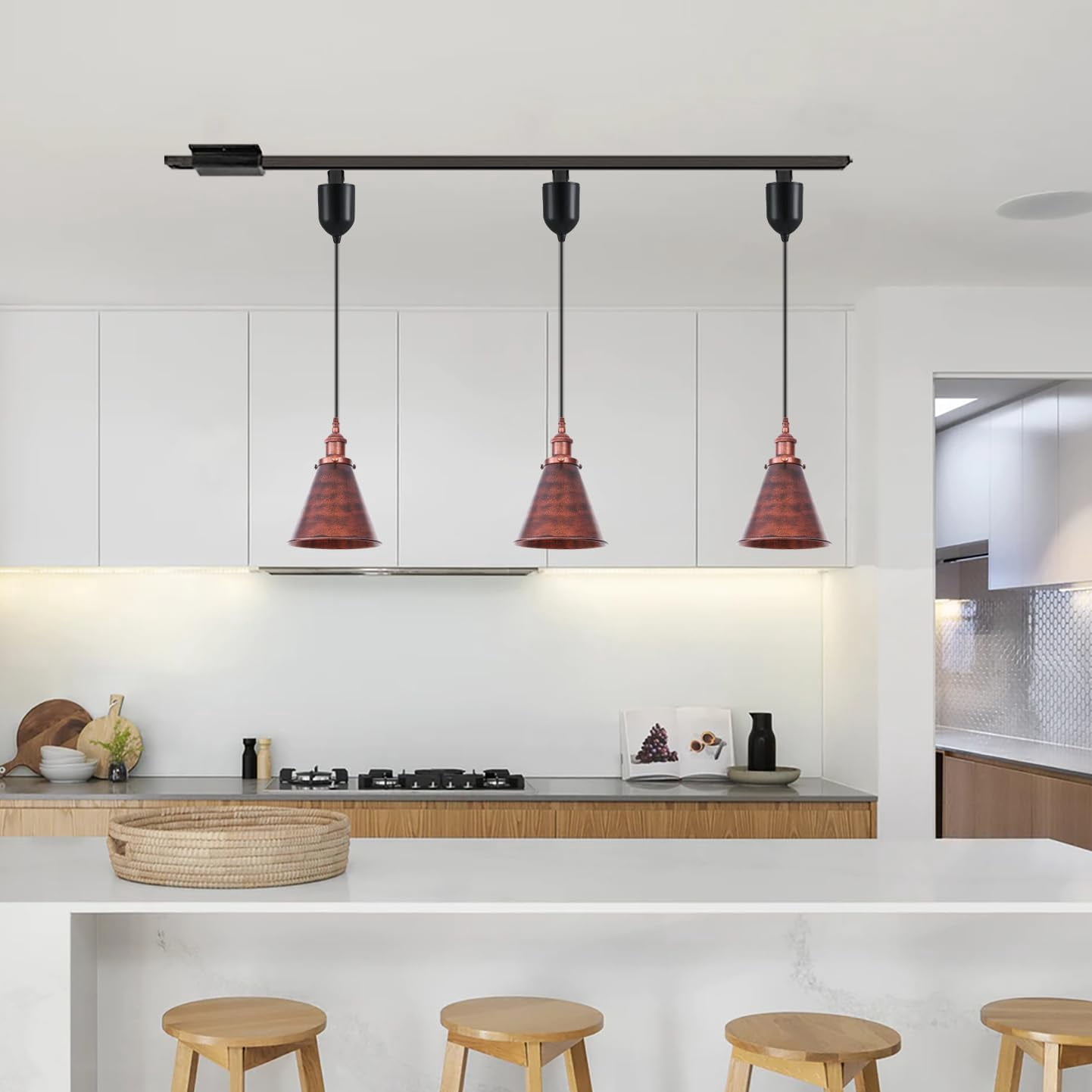 Kiven L-Type track lighting pendants Adjustable Height,L track pendant lights with Rusty Red Iron Lampshade,Farmhouse Track Lighting Fixture for Kitchen Cafe Hallway, E26 Socket