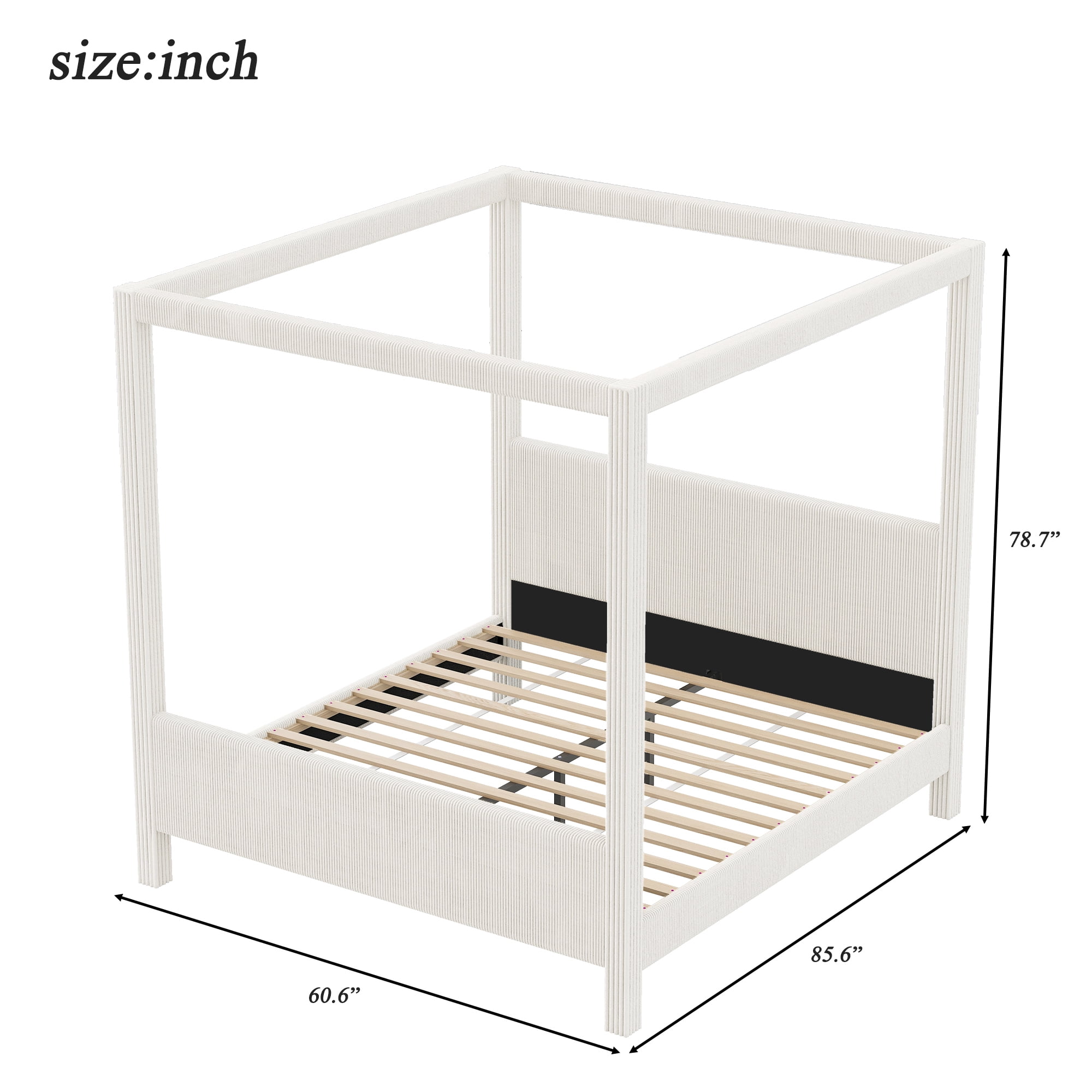 Euroco Upholstery Queen Size Canopy Platform Bed, No Box Spring Needed, Beige