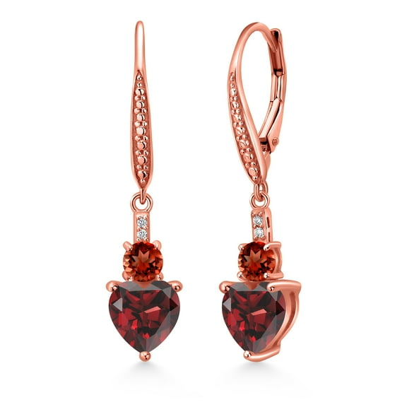 Gem Stone King 18K Rose Gold Plated Silver Red Garnet and White Lab Grown Diamond Drop Dangle Earrings for Women (3.37 Cttw, Heart Shape 7MM, Round 4MM)