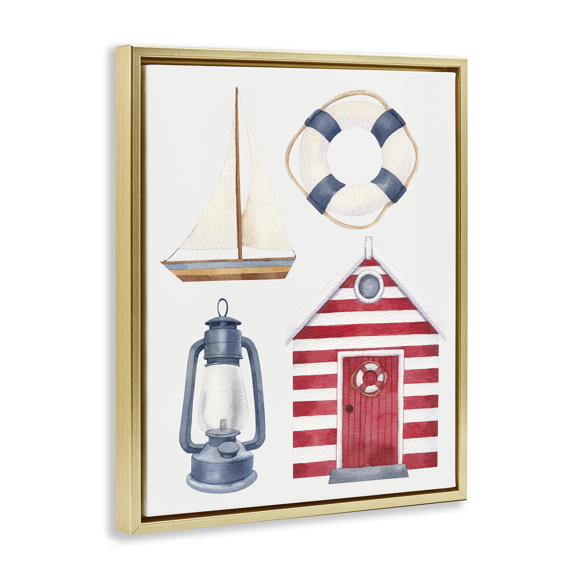 Stupell Industries Maritime Beach Items Nautical & Beach Painting Gold Floater Framed Canvas Art Print Wall Art, 25 x 31