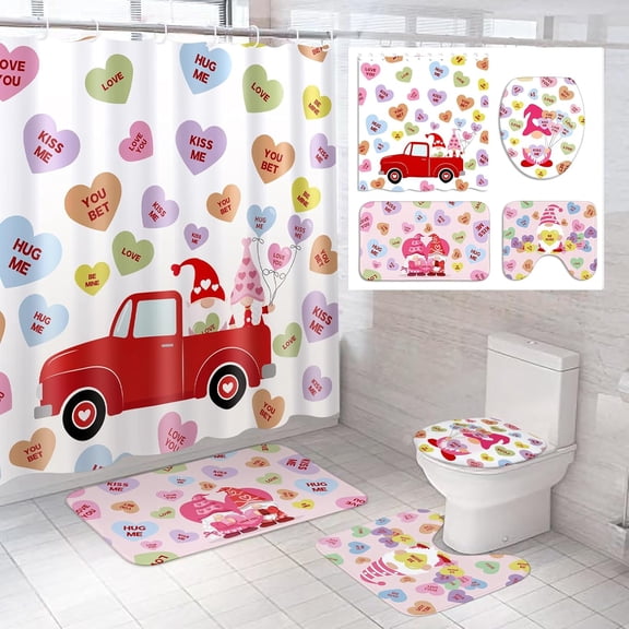 4 Pcs Valentines Shower Curtain Set with Non Slip Rugs Toilet Lid Cover Bath Mat and 12 Hooks Gnome Candy Conversation Heart Truck Bathroom Decor Valentine Shower Curtain for Bathroom