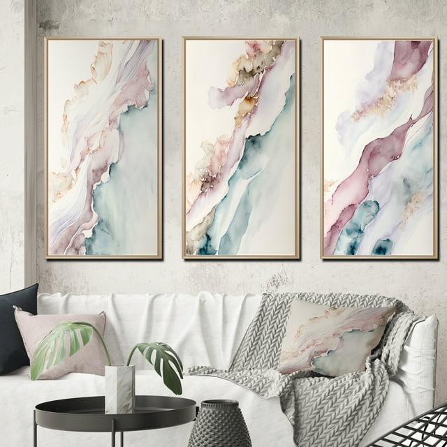 Designart "Enigmatic Waves in Blushing Elevation I" Abstract Liquid Ink Framed Wall Art Set Of 3 - Blue Modern Frame Gallery Wall Set For Home Decor