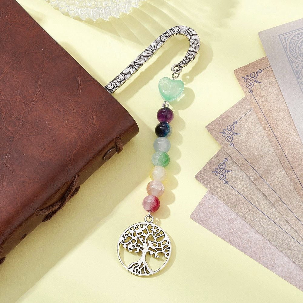 Flower Pattern Alloy Hook Bookmarks Round & Heart Glass Beaded Bookmark with Charm Tree of Life 124mm Pendant: 106x25x8.5mm
