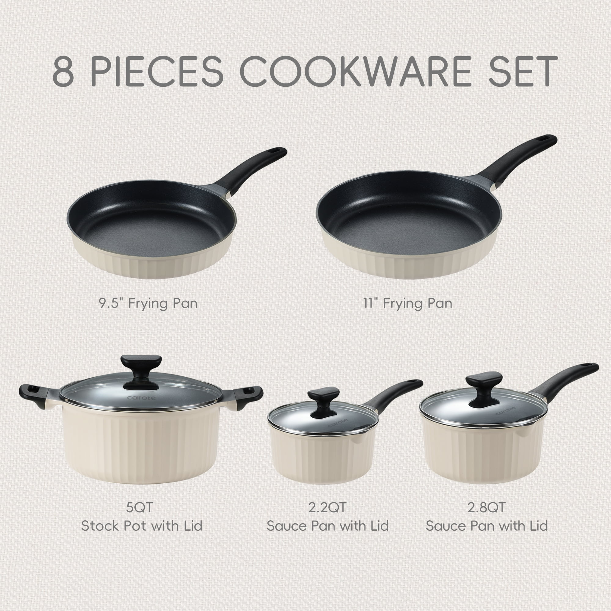 Carote Nonstick Cookware Sets, 8 Pcs Non Stick Pots and Pans Set, Induction Cookware, Oatmeal