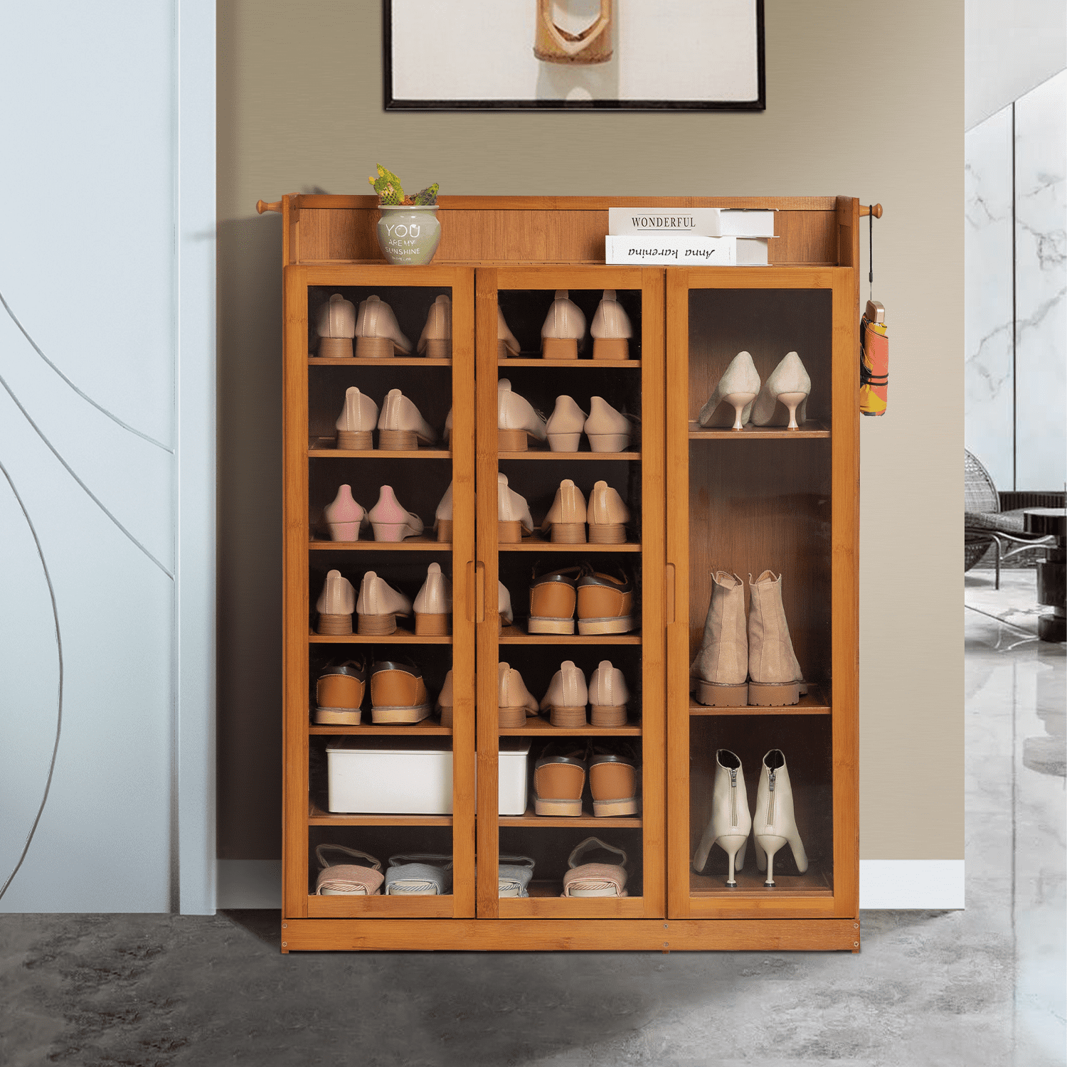 MoNiBloom Bamboo 9 Tier Shoe Organizer Modern Cabinet with Door 41 Pairs Heels Boots, Brown, Hallway Entryway, Size: 9 Shelves (Length 39.0)