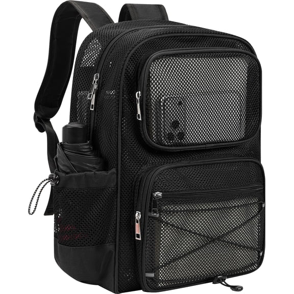 Mesh Backpack, Heavy Duty See Through Backpack Ultra-Lightweight Net Bookbag Breathable Transparent Bookbag for Beach Sports Gym Travel, Black