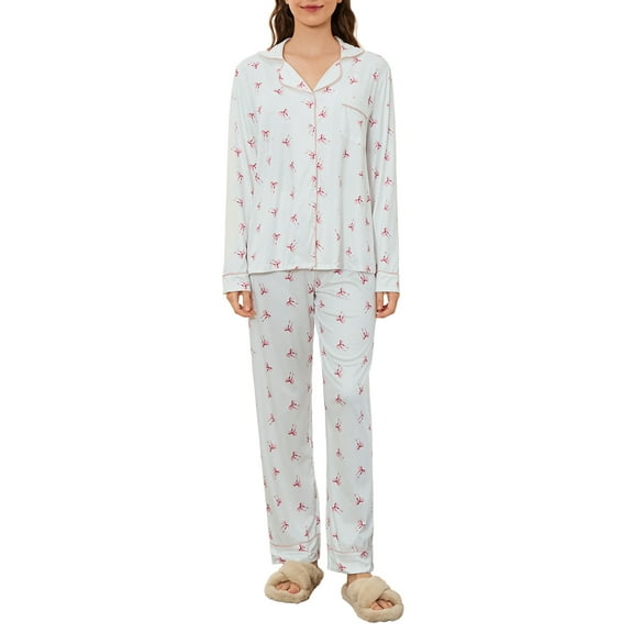Michellecmm Women Pajamas Set Bow Print Button Long Sleeves Shirt and Elastic Pants for Loungewear Soft Sleepwear