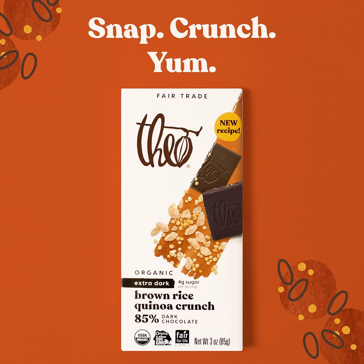 Theo Chocolate Brown Rice Quinoa Crunch Organic Dark Chocolate Bar, 85% Cacao, 12 Pack | Vegan, Fair Trade
