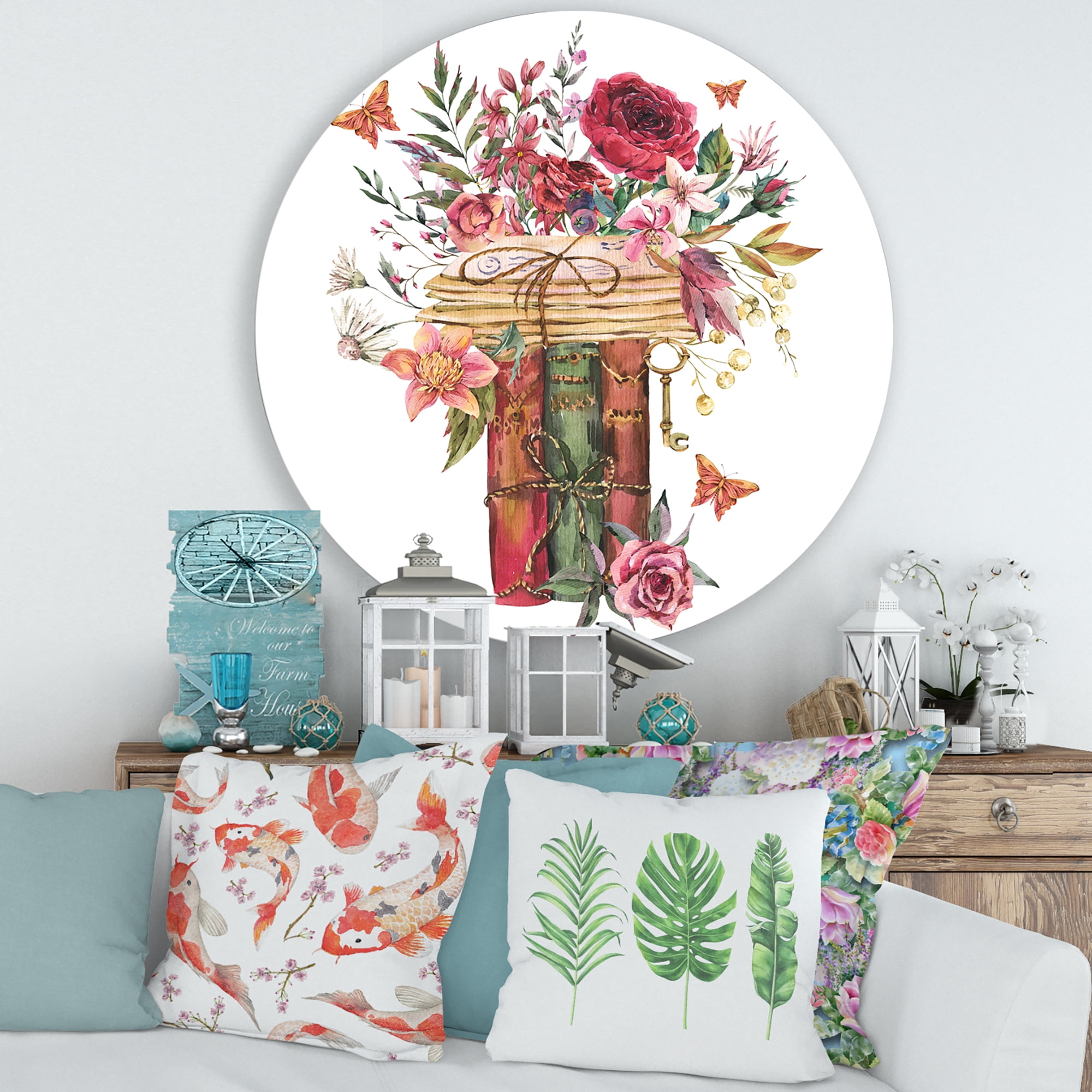 Designart 'Wildflowers With Vintage Old Books' Farmhouse Circle Metal Wall Art 36x36 - Disc of 36