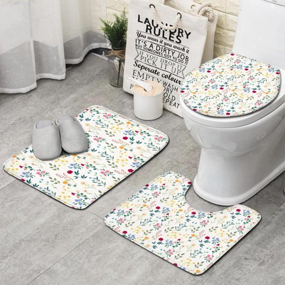 Pioneer Flower Floral Print Pattern Bathroom Rugs Sets 3 Piece,Toilet Cover Set,Absorbent Non Slip Bathroom Mats Sets with U-Shaped Contour Rug Toilet Rug Set