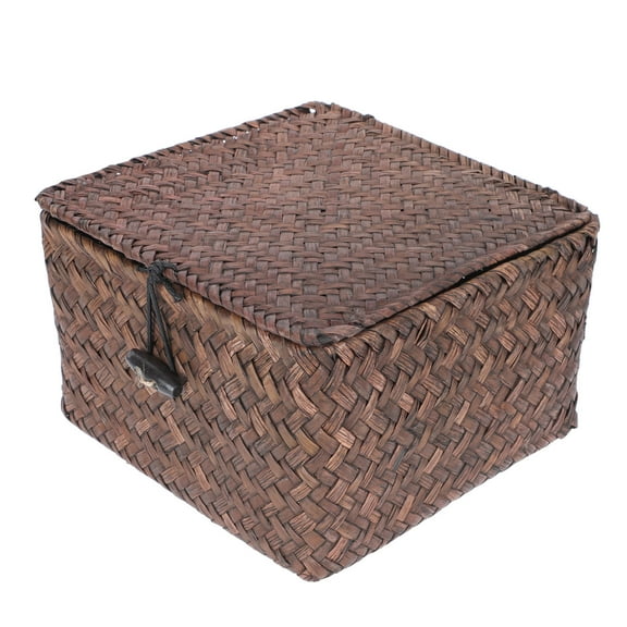 BESTYASH Dark Brown Small Wicker Storage Basket with Lid, Square Organizer for Home, Office, and Bathroom Use