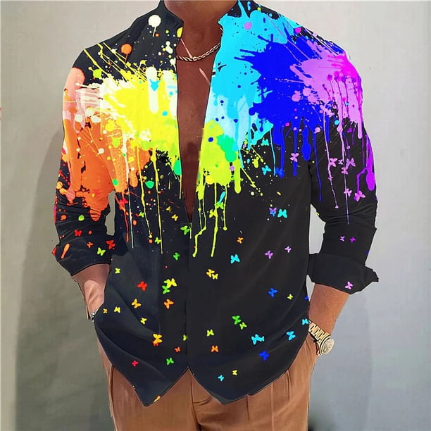 Camisa de hombre con estampado de grafiti y tinta de color irregular, camiseta con cuello alto y botones, informal, cómoda, suave, deportiva, moda 2024