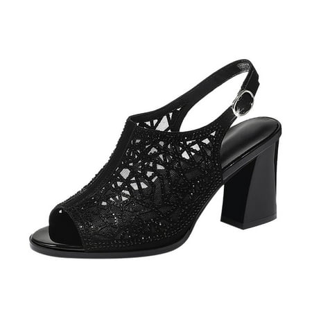 

Puawkoer Hollow Rhinestone And Sandals High-Heeled Buckle Toe Thick Peep Heel Women s Fashion Mesh Summer Spring Women s sandals