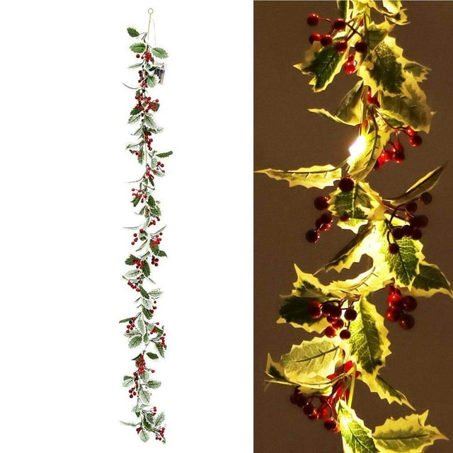 2m/6.56ft 20 LEDs Christmas Garland String Light Battery Powered Red Berry Garland Light Holly Leaves Wreath for Christmas Tree Thanksgiving Party Decoration