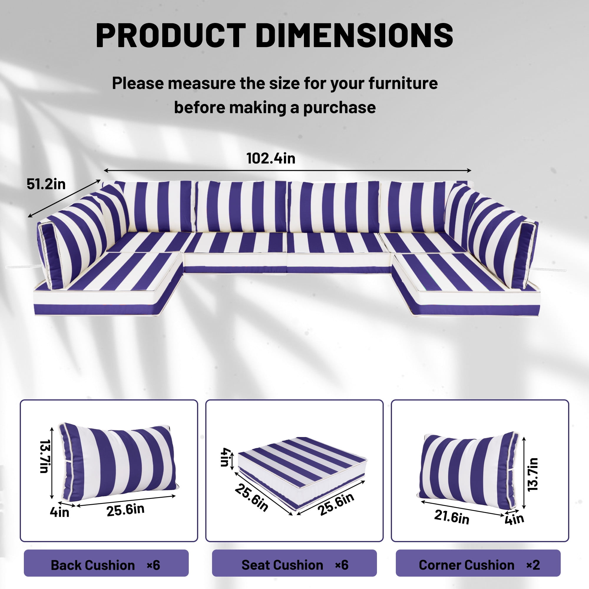 14 Piece Outdoor Replacement Cushions for Patio Furniture, Water-Repellent Outdoor Sectional Cushions for 6 Seat Sectional Patio Conversation Sets, Patio Sofa Cushions for Outdoor Couch