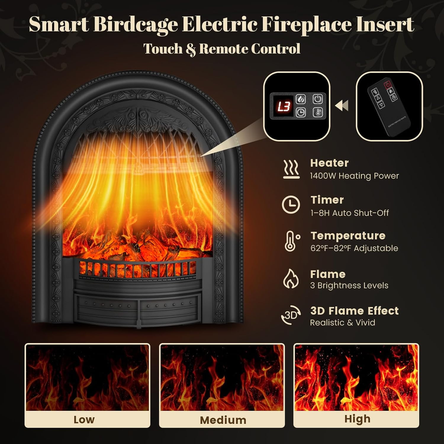 BOSHIRO 50” Electric Fireplace with Mantel, Solid Wood Roman Column TV Stand with Birdcage Heater Insert, Fireplace for Living Room, Bedroom & Entryway