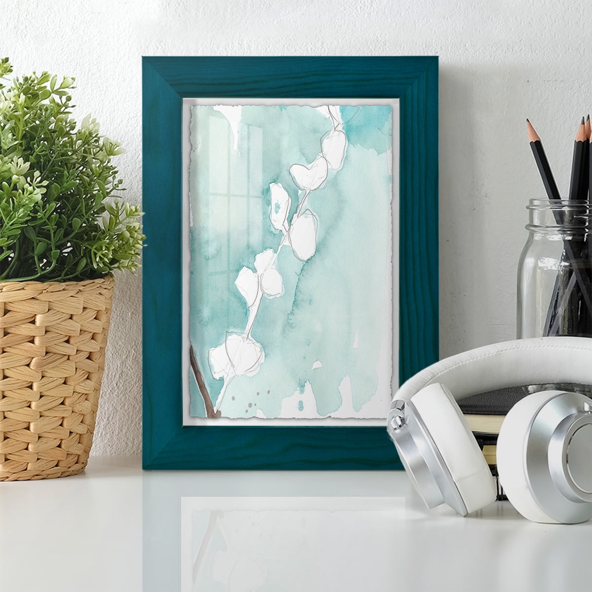 Ginkgo on Dusty Teal V - Framed Print w/glass - Ocean Blue