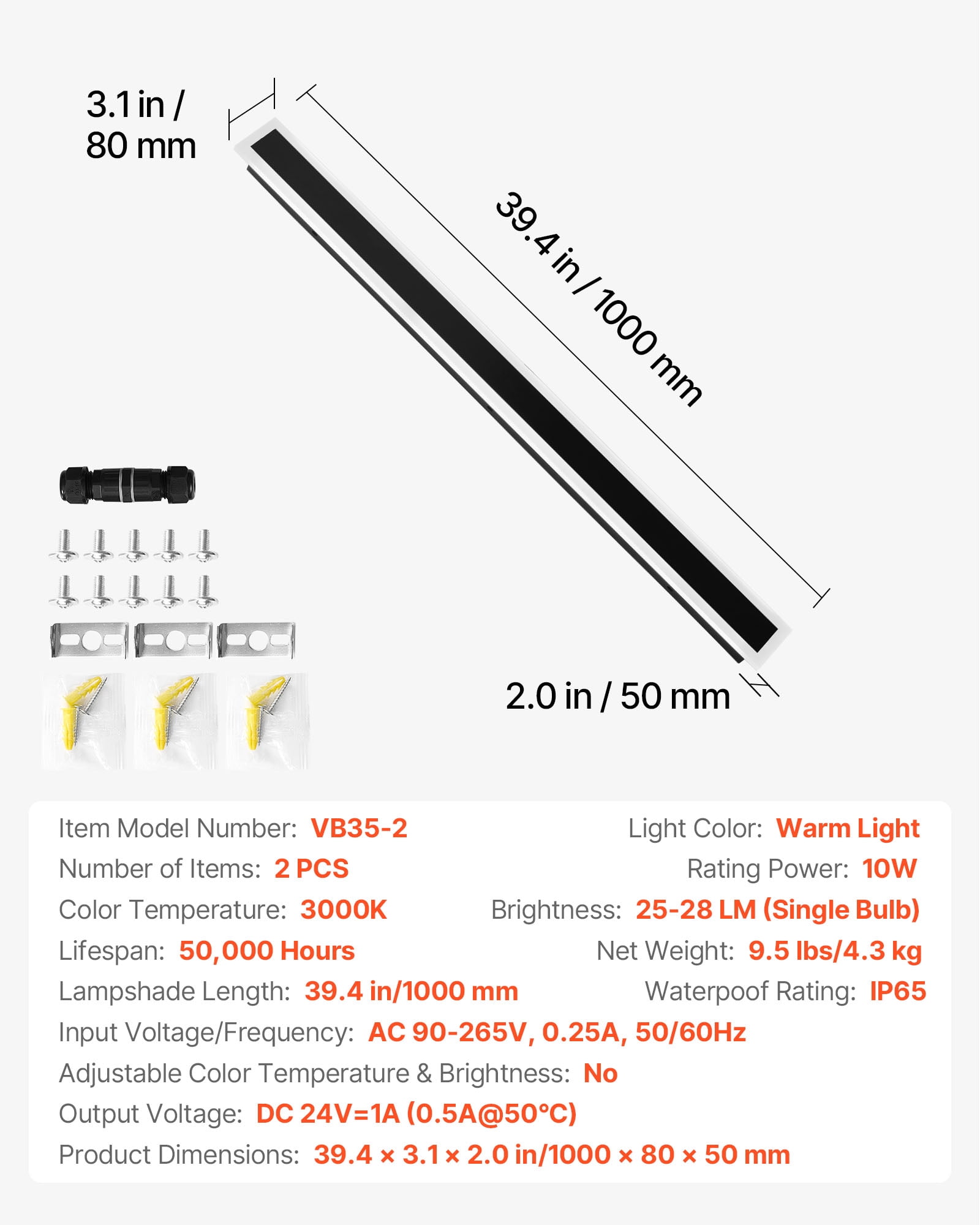 VEVOR Outdoor Wall Lights, 2 Pack, 39.4 Inch Long Strip Modern Exterior Wall Sconce Light Fixtures, 3000K Warm White, IP65 Waterproof Anti-Rust Outside Wall Mount Lighting, for House, Porch, Garage