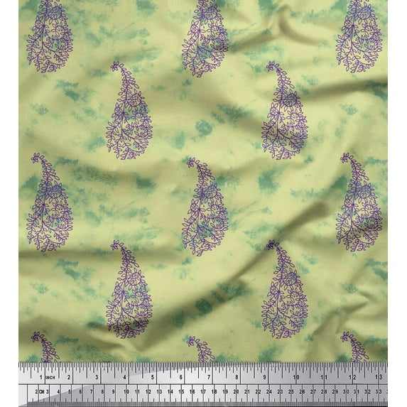 Soimoi Yellow Cotton Poplin Fabric Leaf & Paisley Print Sewing Fabric Yard 56 Inch Wide
