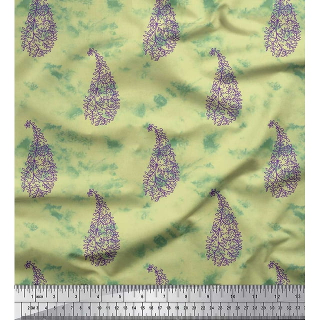 Soimoi Yellow Crepe Silk Fabric Leaf & Paisley Printed Fabric 1 Yard 42 Inch Wide