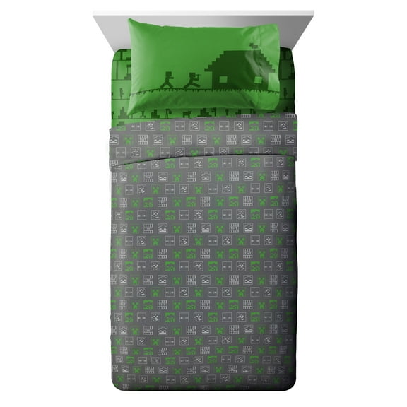 Minecraft Icon Adventure Kids Sheet Set, Twin Full, Gaming Bedding, 100% Polyester, Green, Mojang, Gaming Bedding