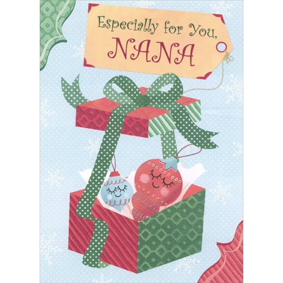 Designer Greetings Sleeping Blue and Red Ornaments in Gift Box Juvenile Christmas Card for Nana