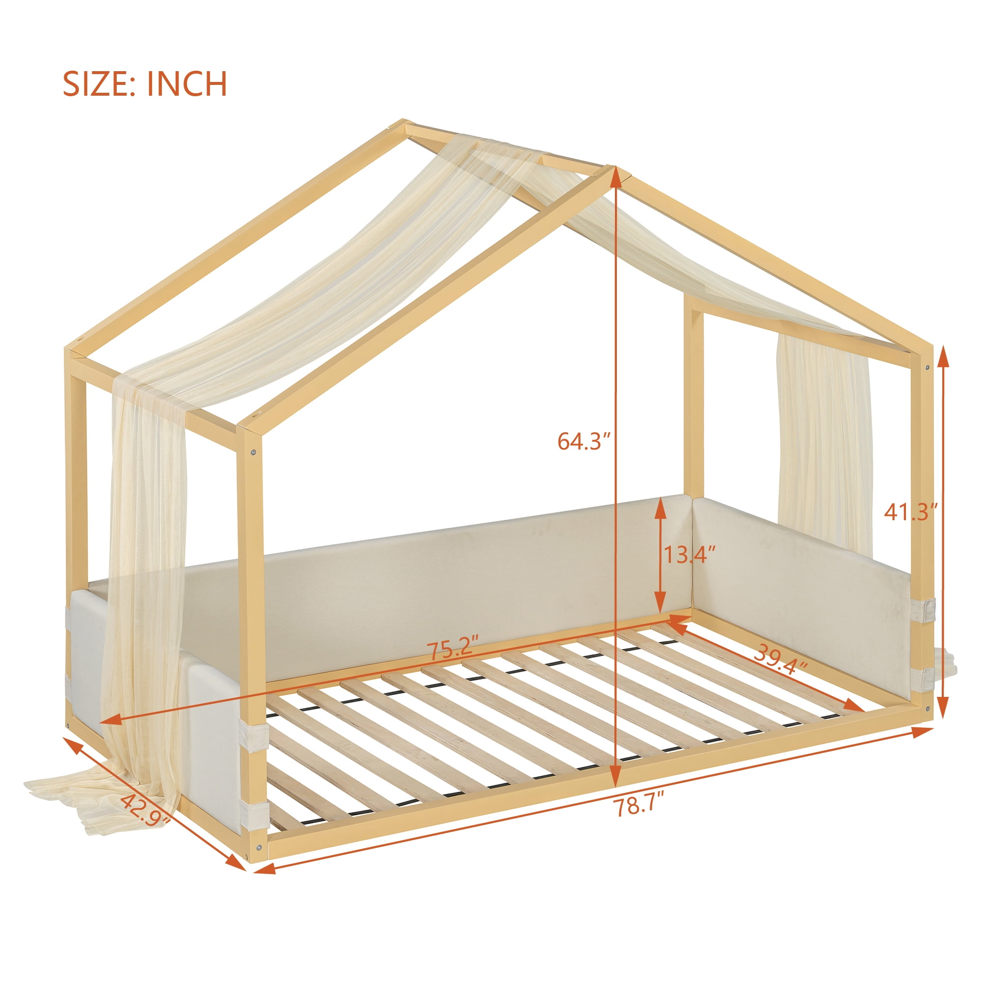 Mintazer Twin Size Montessori House Floor Bed with Breathable Gauze Canopy & Velvet Upholstered Side Guard Panels, Low Platform Kids Playhouse Bed Frame for Bedroom Guest Room, Natural