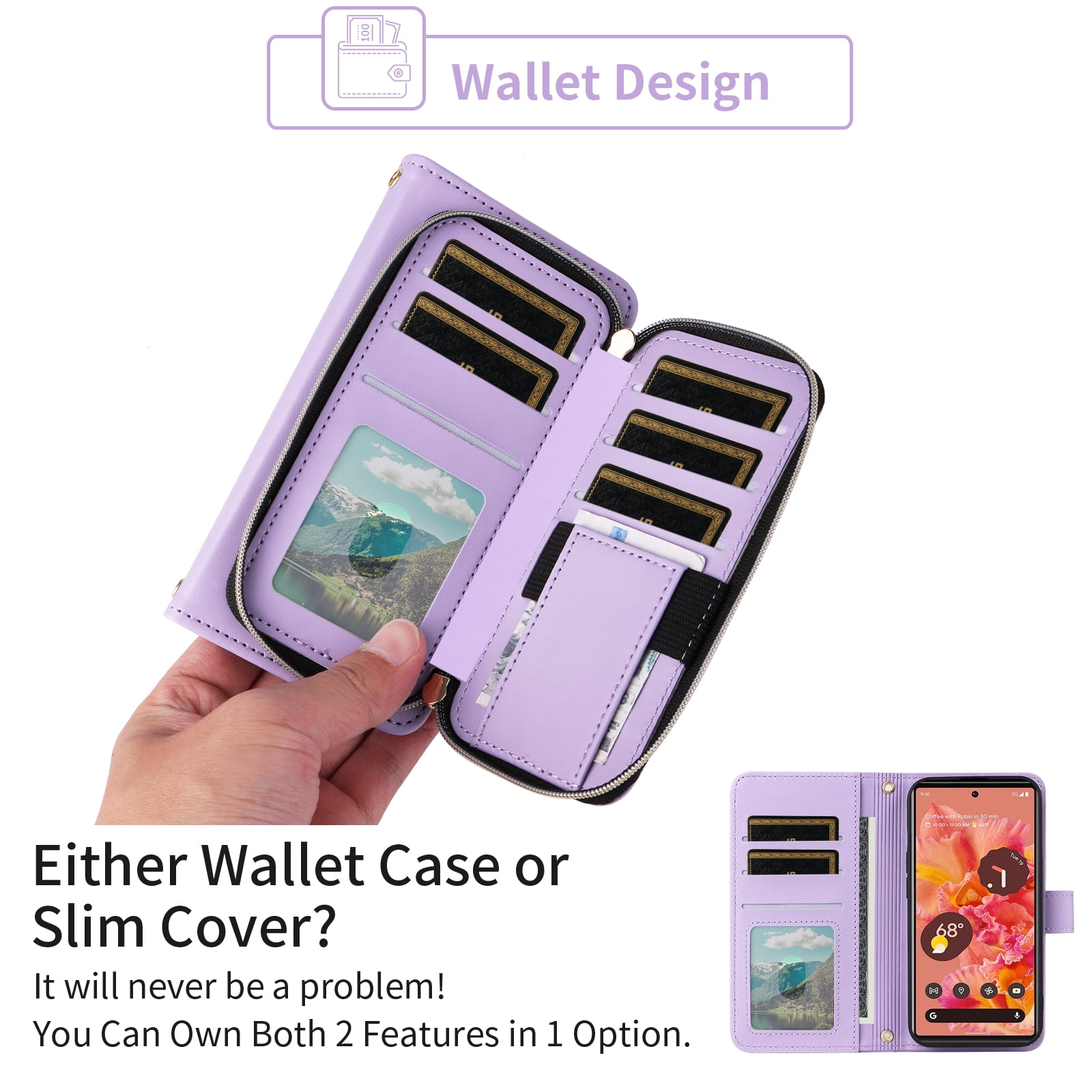 Furiet Wallet Case for Google Pixel 6 with Detachable Wrist/Crossbody Shoulder Strap Card Slots, Zipper Purse Luxury PU Leather Card Holder Stand Cell Phone Cover for Pixel6 Pixle Six Women Purple