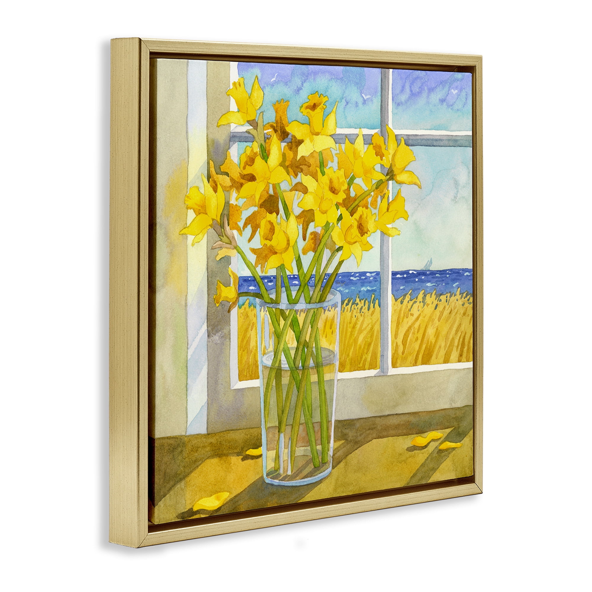 Stupell Industries Daffodils in Seaside Window Botanical & Floral Painting Gold Floater Framed Canvas Art Print Wall Art, 18 x 18