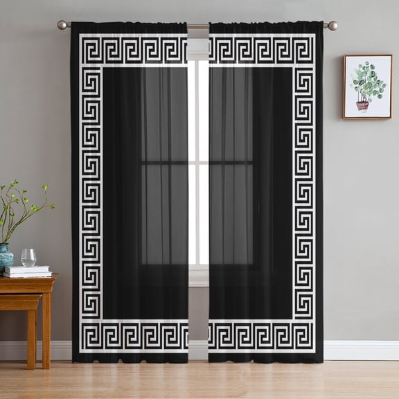 Black Sheer Curtains 84 Inches Long 2 Panels Set, Window Sheer Curtains for Living Room/Bedroom, Modern Geometric Abstract Art Aesthetics Light Filtering Rod Pocket Curtain 52'' x 84'' x 2