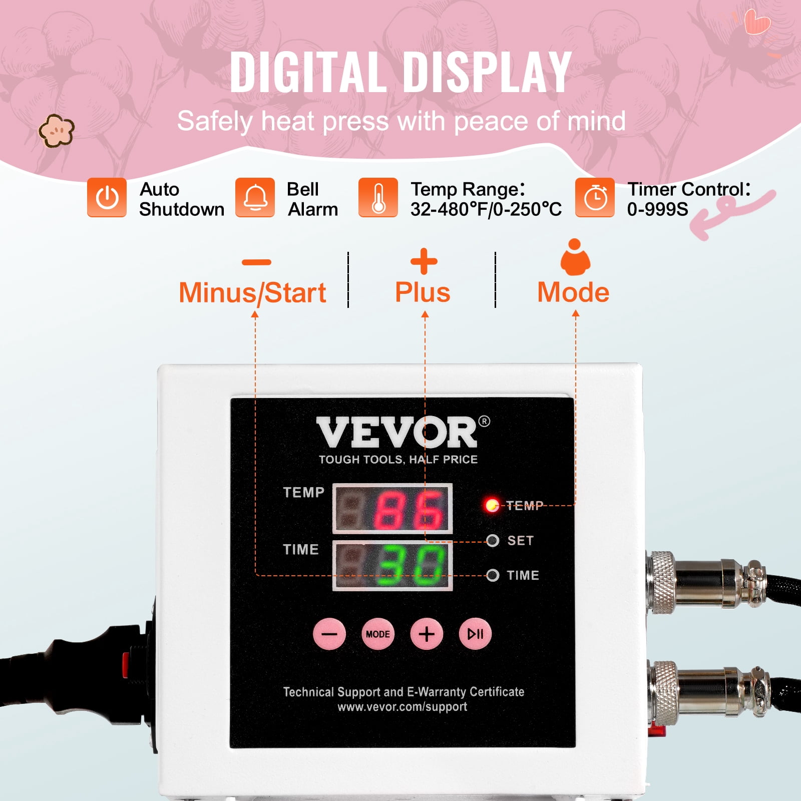 VEVOR Heat Press, 15 x 15 inch Digital Heat Press Machine, Slide Out Heat Transfer Machine, Fast and Even Heating, 2-Layer Insulation Cotton, Heat Transfer Machine for T-Shirts/Pillows/Bags, Pink