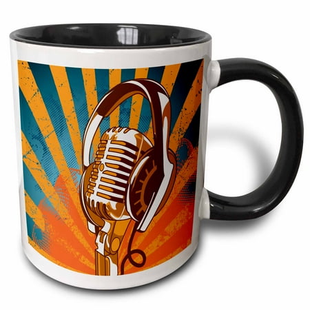 Rays Mug - 3dRose Vintage Mic Microphone And Headphones On Grunge Halftone Rays Background Music Vector Design - Two Tone Black Mug, 11-ounce