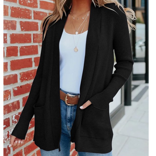 ICHUANYI Clearance Womens Long Sleeved V-neck Cardigan Solid Color Commuting Style Cardigan With Pocket Knit Jacket(Black, S) ICHUANYI WER2023081511241
