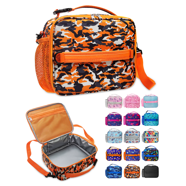 Bolsa de Almuerzo ComfiTime para Niños Lonchera Térmica Reutilizable con Bolsillos Portabotellas Asas Acolchadas y Correa para el Hombro Camuflaje Naranja