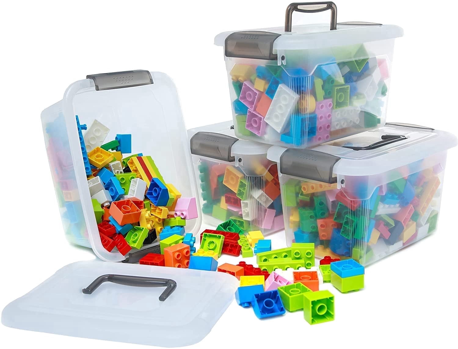 Small Storage Bins with Lids & Handle Latches 5.3 Qt. 4 Packs Clear Stackable Craft Toy Organizer for Kids