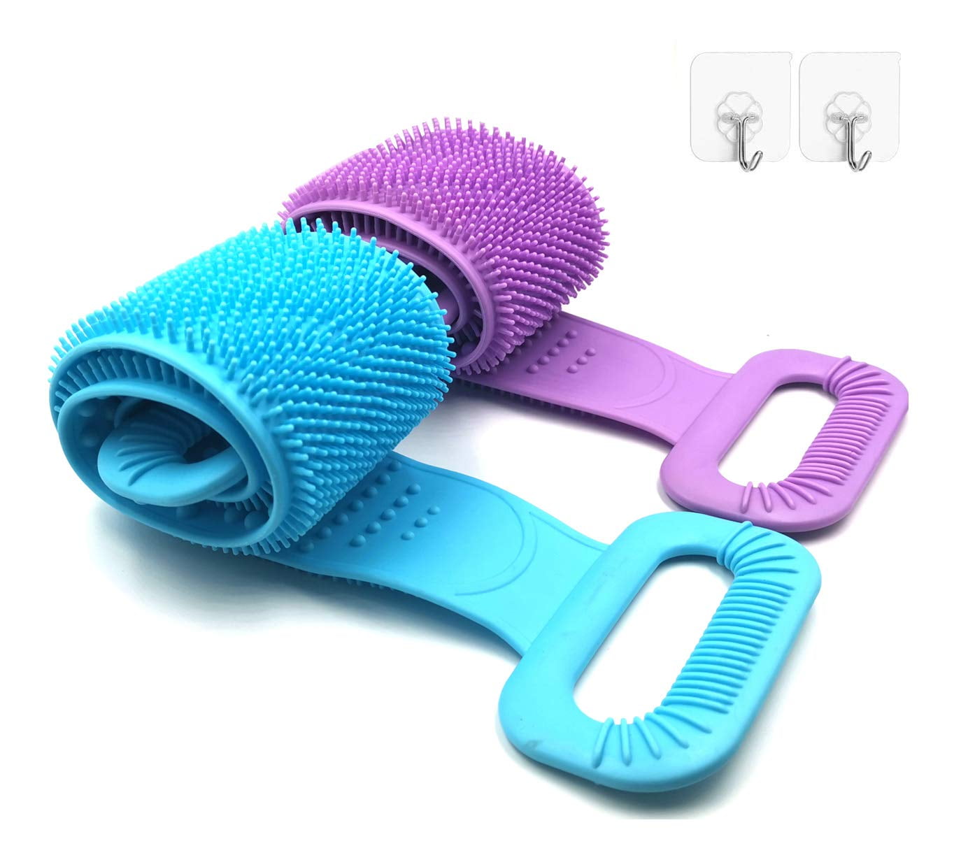 Back Scrubber for Shower Bath Body Brush Belt Dual Sided Soft Bristles Comfortable Massage Long Pull Strap Handle Skin Cleaning Washer Towel Scrubbing Silicone Pad Exfoliating Lathering Well (2 PACK)