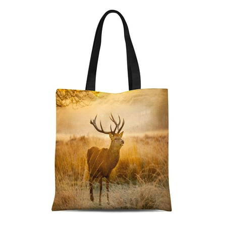 Sidonku Canvas Tote Bag Orange Hunting Red Deer Purple Antler Cervus Elaphus Reusable Shoulder Grocery Ping Bags Handbag
