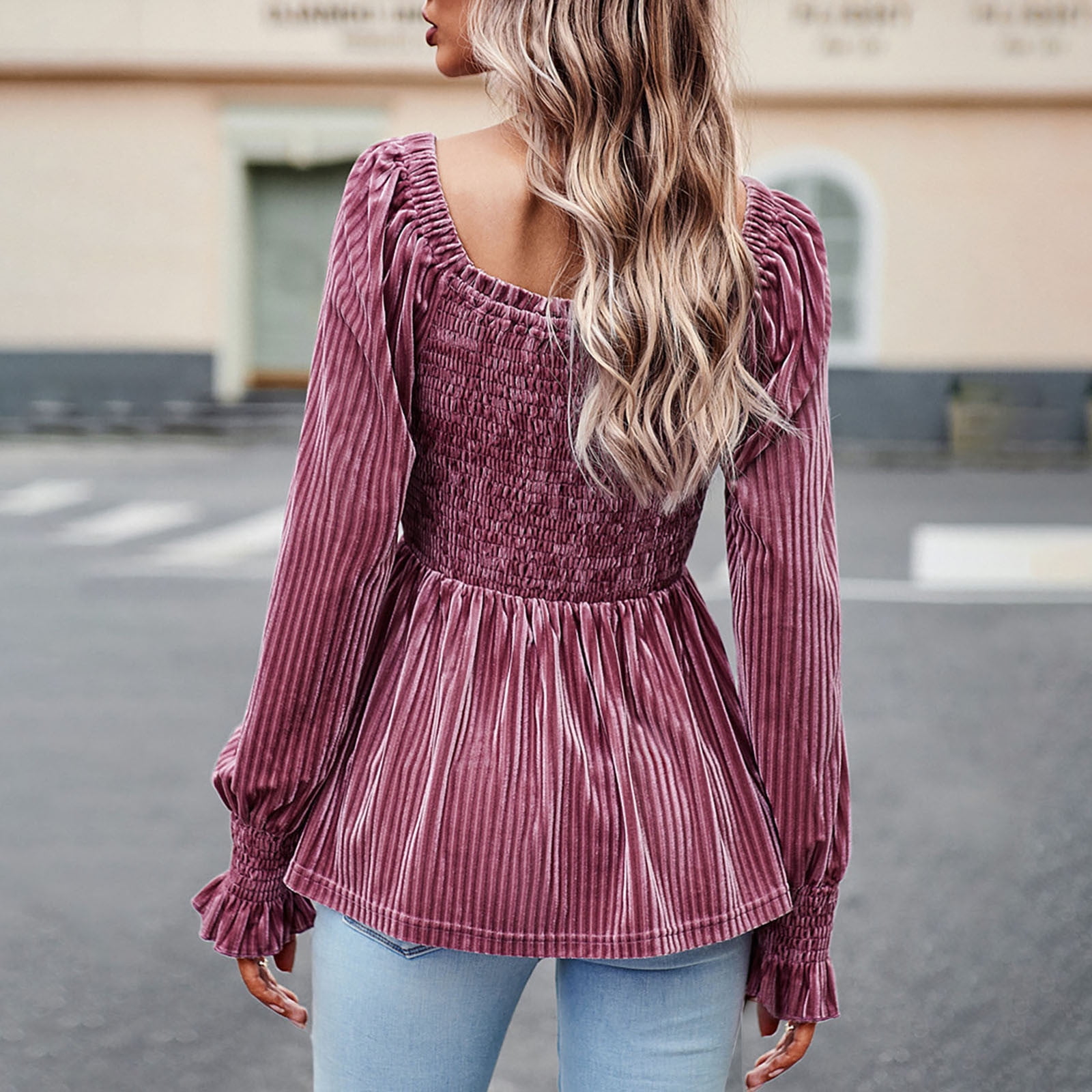 Square Neck Tops for Women Ruffle Trim Long Sleeve Blouses Slim