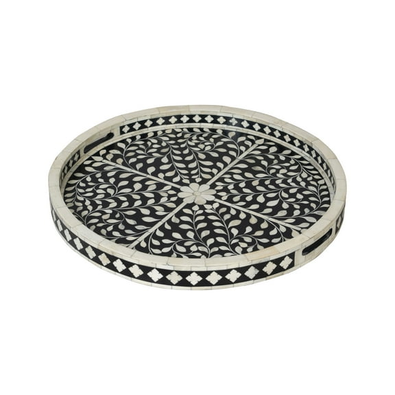 Bone Inlay Serving Tray – Black & White Floral Vine Motif, Quatrefoil Border, Round Shape with Cut-Out Handles, Perfect for Coffee Table or Bar