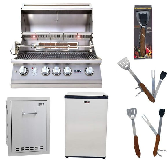 Lion Premium Grills 32-Inch Natural Gas Grill L75000 with Lion Multi-Functional Drawer and Lion Refrigerator Package Deal with 5 in 1 BBQ Tool Set