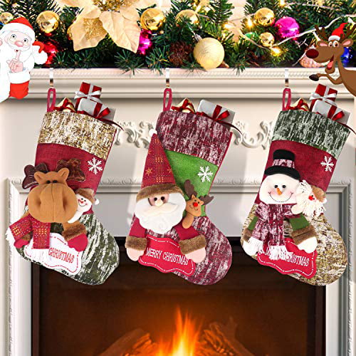 Christmas Stocking Red and Black Buffalo Plaid Stockings Classic Santa Snowman Reindeer Character Hanging Ornament for Christmas Holiday Party A